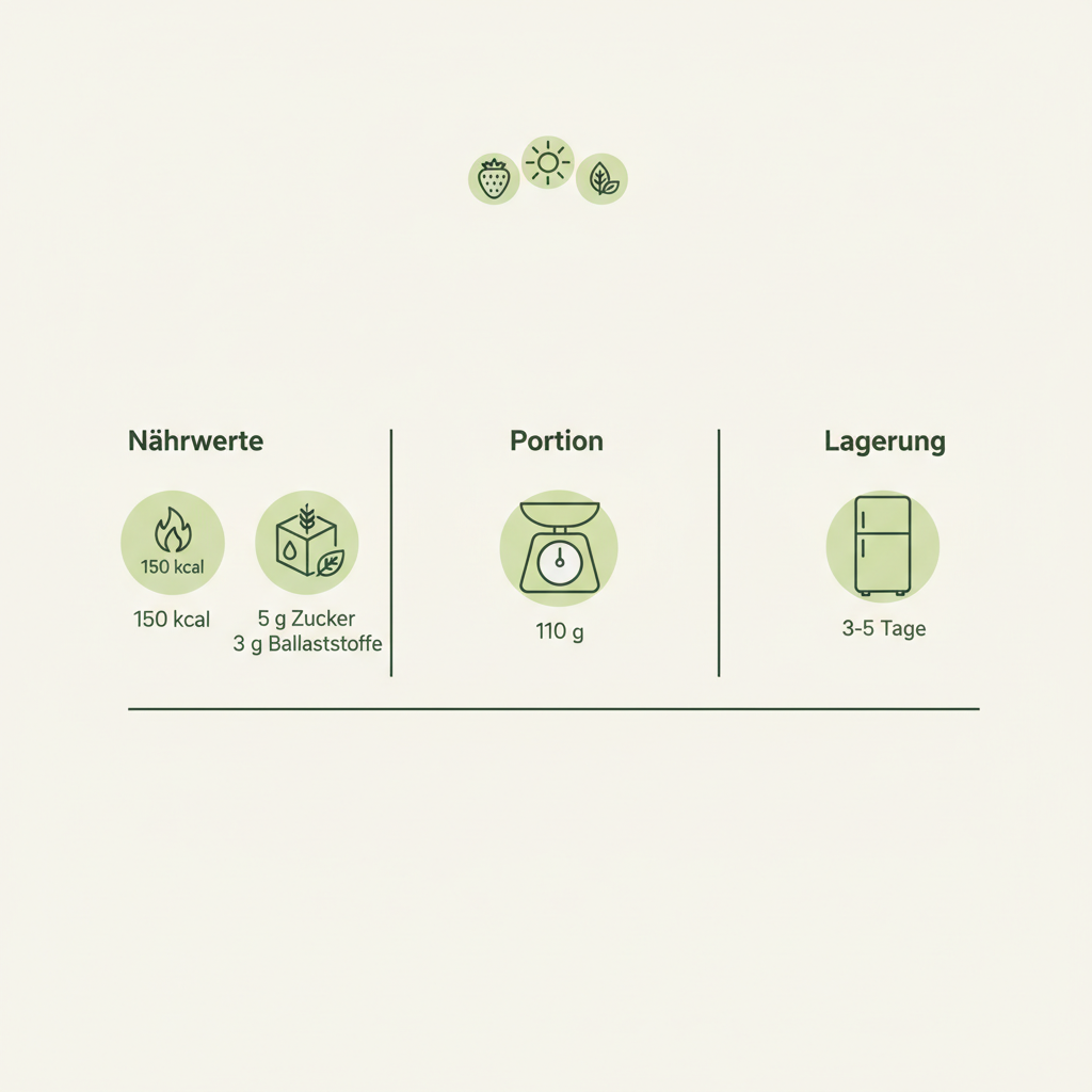 Minimalistische Vektor-Infografik zu Erdbeeren zeigt Nährwerte (Kalorien, Zucker, Ballaststoffe), Portion 110 g und Lager-Icon in Markenfarben.