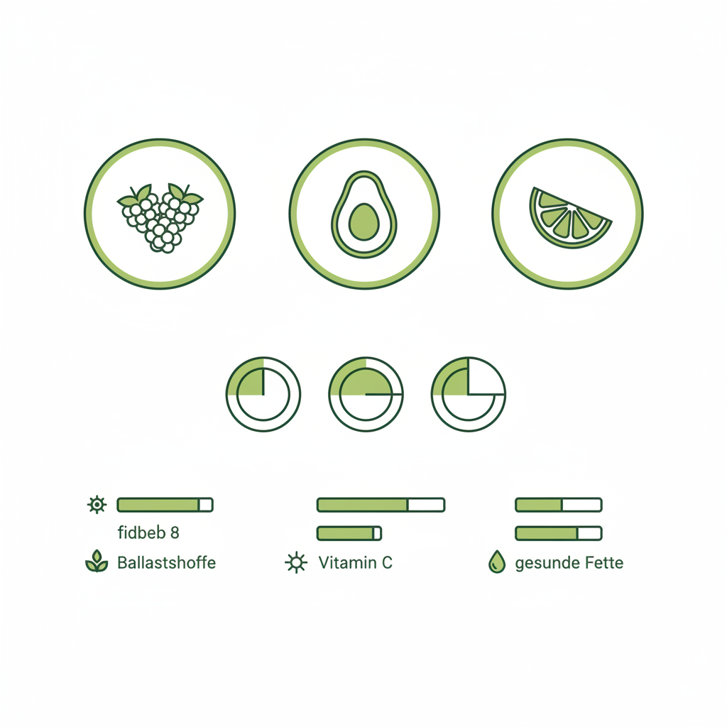Minimalistische 2D-Vektor-Infografik mit Beeren, Avocado und Zitrus, Portions-Icons und Nährstoffbalken — gesündestes Obst.