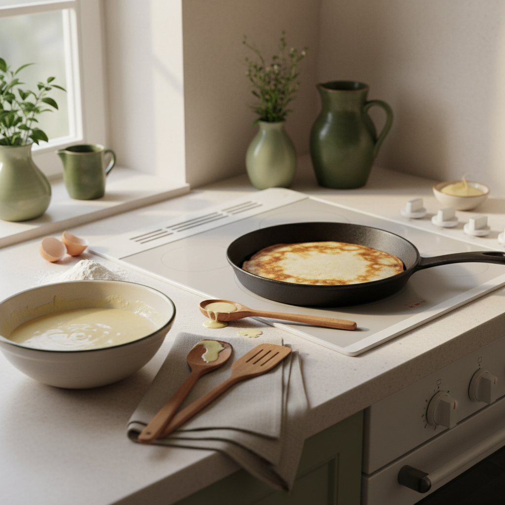 Erster Pfannkuchen: heimeliges Küchenbild mit Pfanne, Löffel mit Testportion Teig und Schüssel mit Teig und Zutaten auf minimalem, warmen Hintergrund