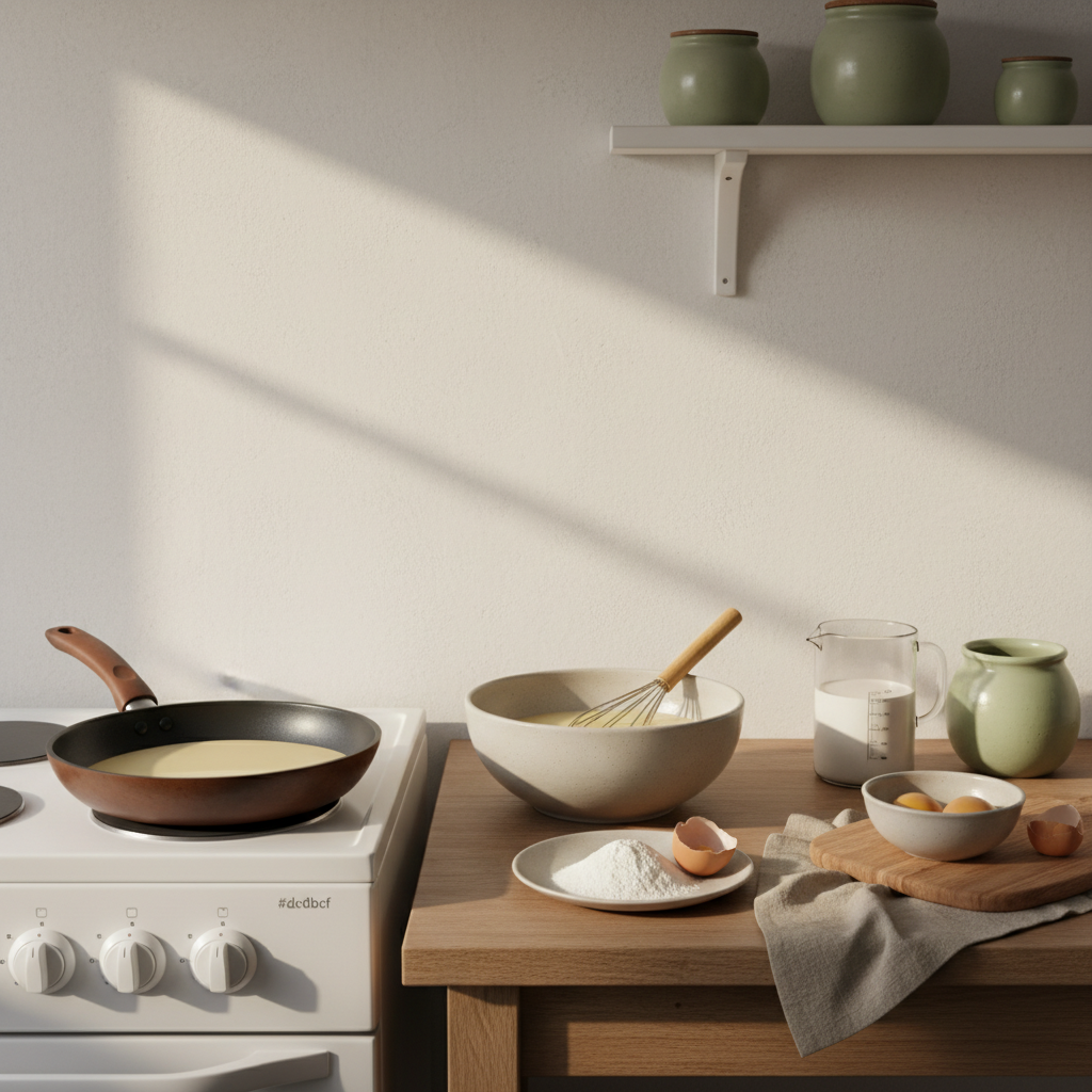Heimelige, minimalistische Küche mit Pfanne auf dem Herd, Schüssel mit Pfannkuchenteig und Zutaten (Mehl, Eier, Milch) fein arrangiert – Pfannkuchen Fehler