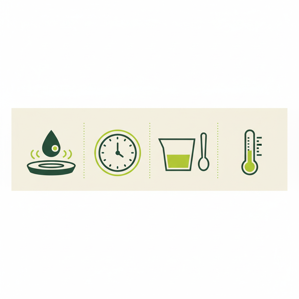 Minimalistische Vektor-Infografik zu Pfannkuchen Fehler mit vier Icons: Wassertropfen-Test, Ruhezeit-Uhr, Mehl‑Milch‑Maß und Thermometer mit markiertem 160–180°C-Bereich, Farben #dbdbcf/#a5cd8d.