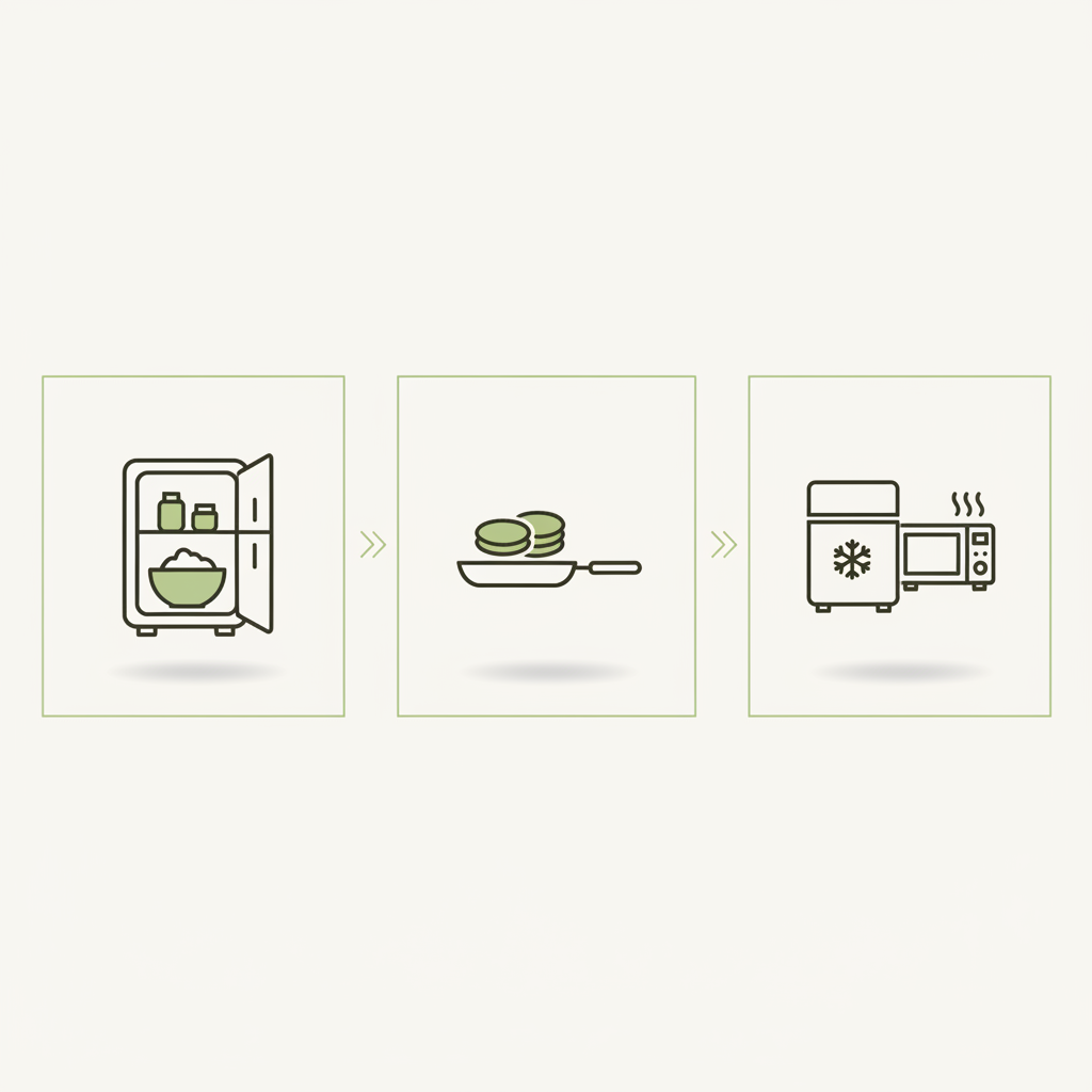 Infografik mit drei Vektor-Icons: Teig im Kühlschrank, Pfannkuchen in der Pfanne, Gefrier- und Mikrowellen-Symbol – Pfannkuchen am Vortag zubereiten