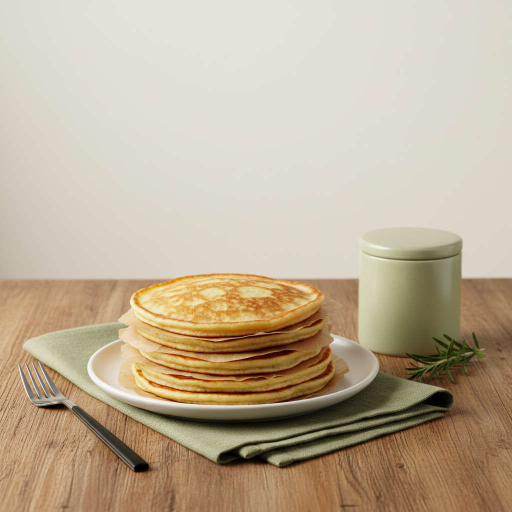 Pfannkuchen am Vortag zubereiten: Gestapelte Pfannkuchen mit Pergamentzwischenlagen, kleiner luftdichter Behälter daneben, warmes minimalistisches Küchentableau in Markenfarben.