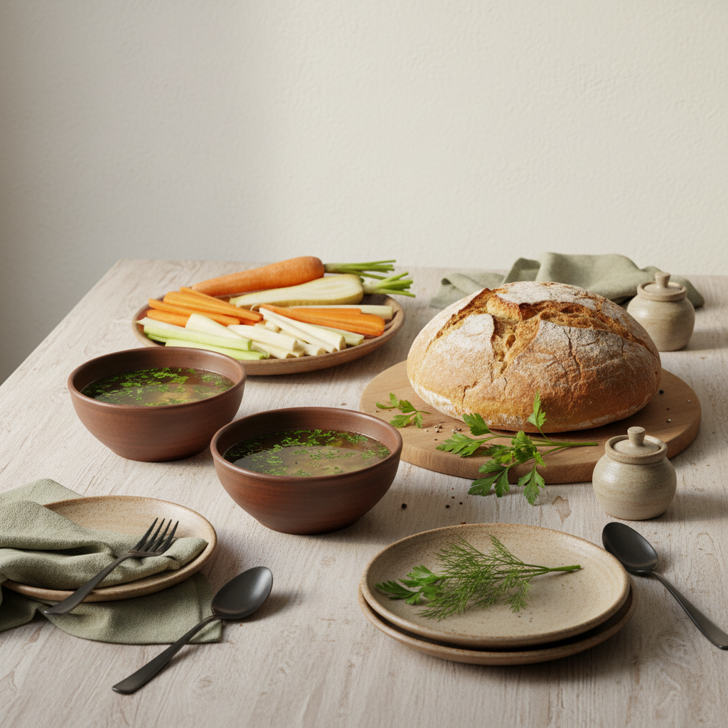 Warme, minimalistische Tischszene mit Gemüse, Suppenschalen, Brot und frischen Kräutern in einem heimischen europäischen Setup – Anzeichen einer Entgiftung