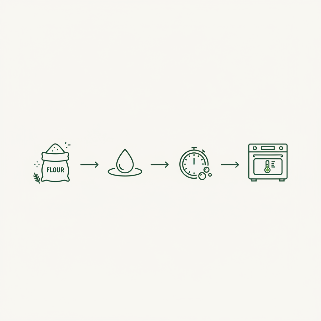 Minimalistische 2D-Vektor-Infografik zu Pizzateig mit Icons für Mehl, Wasser, Fermentation (Uhr) und Ofen in Markenfarben #dbdbcf, #a5cd8d, #21431f