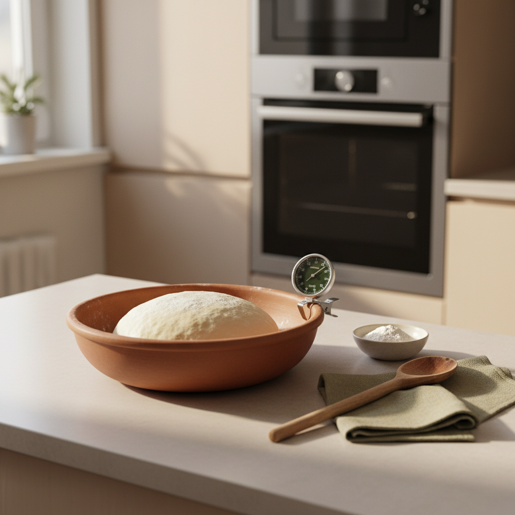 Minimalistisches Küchenstillleben mit Pizzateig in Schüssel, Mehl, Küchenthermometer und Ofen im Hintergrund in warmer, europäischer Küche