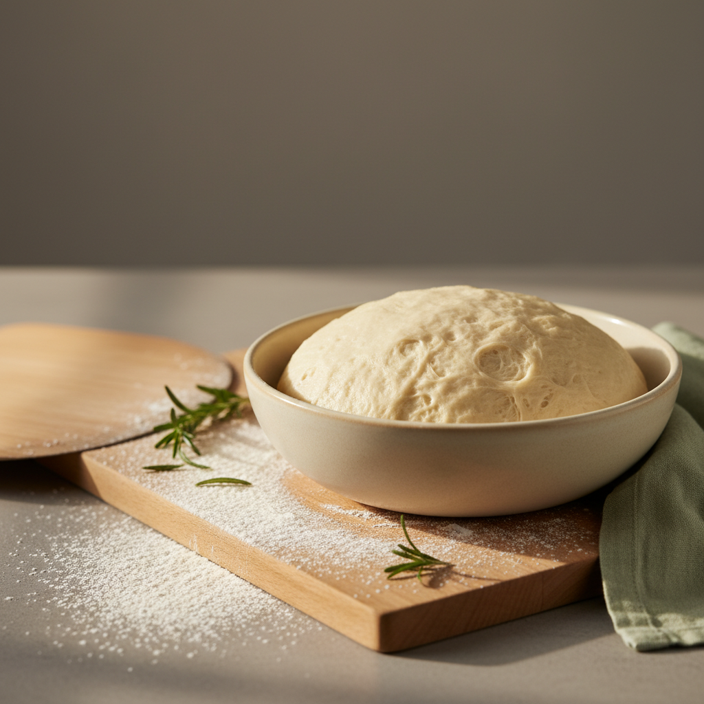 Nahaufnahme von fluffiger Pizzateig in einer Keramikschüssel mit Mehl, Holz-Pizza-Schaufel und dezentem Leinen in #a5cd8d vor Hintergrund #dbdbcf, warmes minimalistisches Schnell Lecker Küchenstillleben.