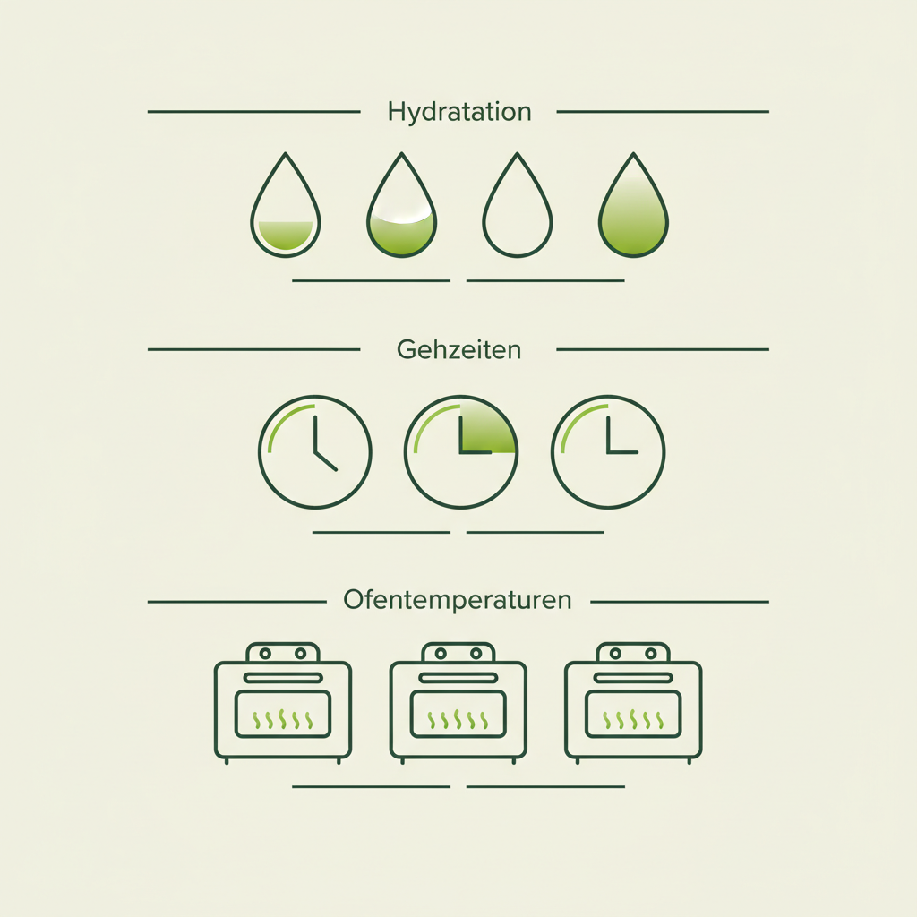 Infografik zu fluffiger Pizzateig: minimalistische Vektor-Icons zeigen Hydratationsbereiche, Gehzeiten und Ofentemperaturen in Schnell-Lecker-Farben.