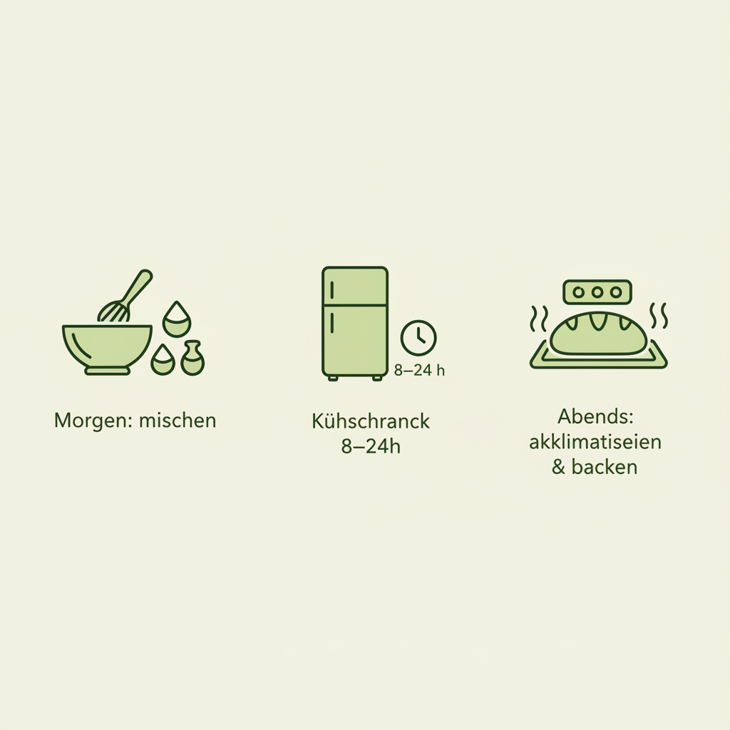 Minimalistische 2D-Vektor-Infografik mit drei Icons für Schritte zum Pizzateig für abends vorbereiten: mischen, 8–24 h Kühlzeit, akklimatisieren &amp; backen