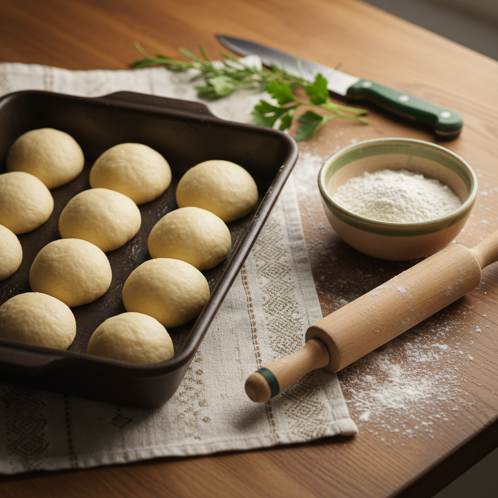 Nahaufnahme einer heimischen Küche mit geölter Schale voller Teigbällchen auf Holzarbeitsfläche, Mehlschüssel und Nudelholz – Pizzateig für abends vorbereiten