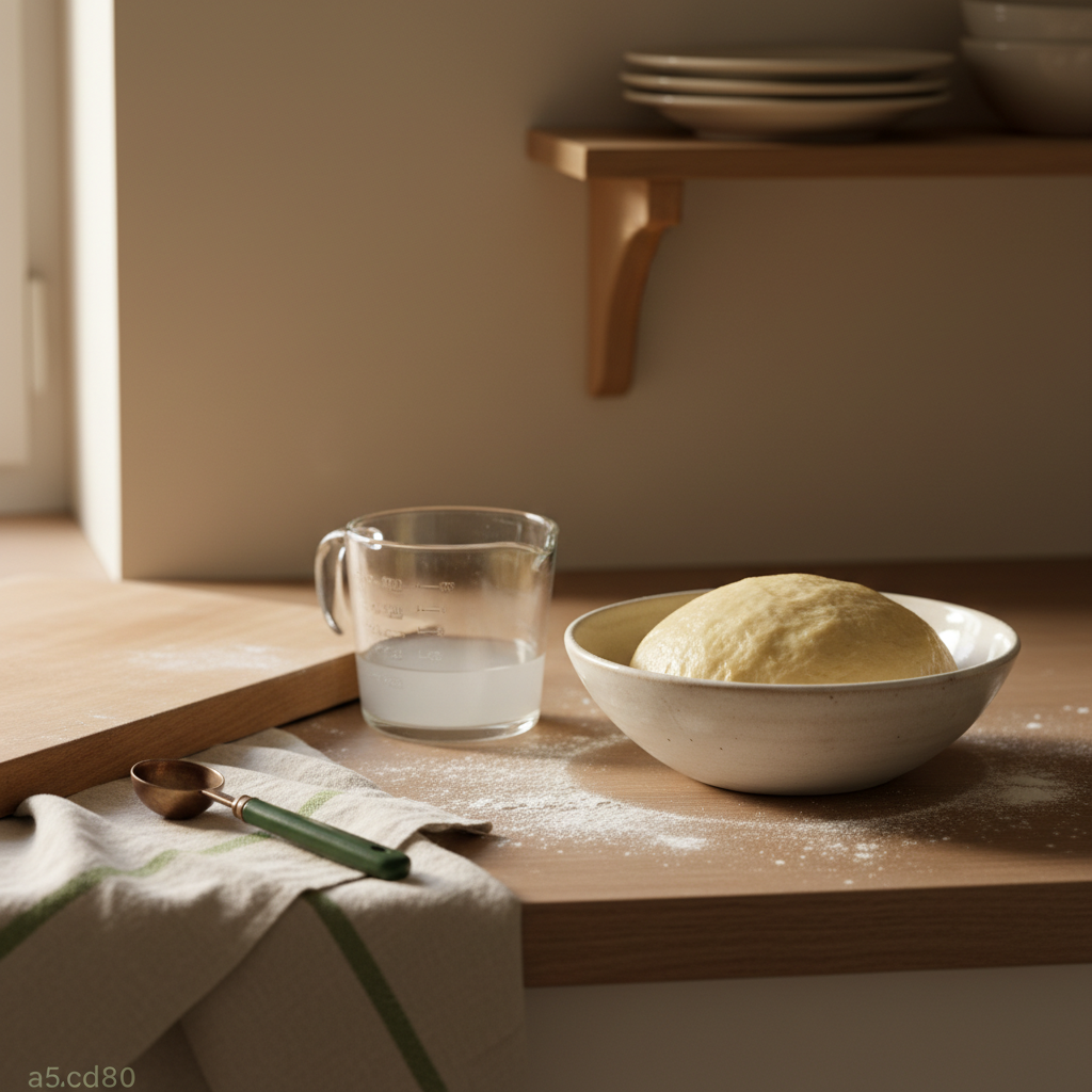 Nahaufnahme eines Teiglings in geölter Schüssel mit Messbecher und verstreutem Mehl auf Arbeitsfläche in gemütlicher europäischer Küche – Fehler beim Pizzateig erkennen.