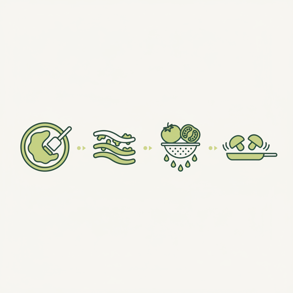 Minimalistische 2D-Vektor-Infografik mit vier Piktogrammen zu Schritten (Sauce dünn verteilen, Käse, Tomaten abtropfen, Pilze vorbraten) – Wie belegt man eine Pizza richtig