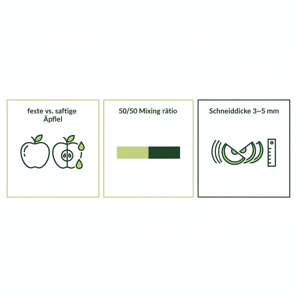 Minimalistische Vektor-Infografik mit Icons zu festen vs. saftigen Äpfeln, visuellem Mischverhältnis 50/50 und Schneiddicke (dünne bis etwas dickere Scheiben). Welche Äpfel eignen sich am besten für Apfelkuchen?