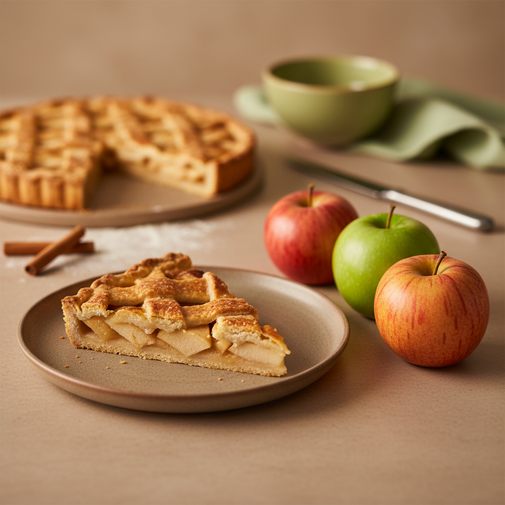 Welche Äpfel eignen sich am besten für Apfelkuchen? Close-up einer aufgeschnittenen Apfelkuchen‑Torte auf rustikalem Teller, daneben Boskoop, Granny Smith und Elstar vor #dbdbcf Hintergrund, minimalistisches warmes Küchen-Setup.