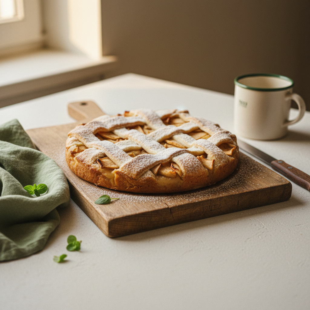 Nahaufnahme eines hausgemachten Apfelkuchens auf rustikalem Holzbrett in einer warmen, minimalistischen Küche. Apfelkuchen Haltbarkeit im Fokus.