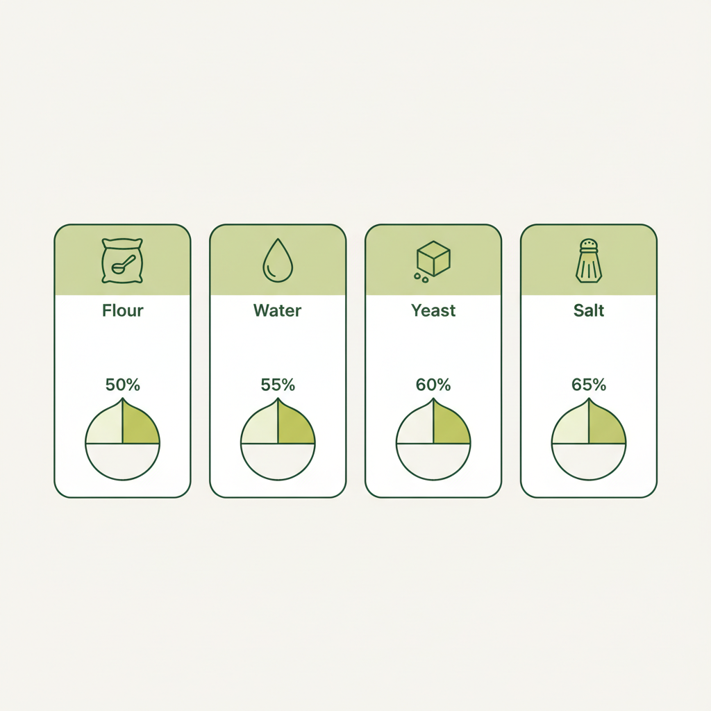 Pizzateig Zutaten: minimalistische 2D-Vektor-Infografik mit vier Icons (Mehl, Wasser, Hefe, Salz) und visuellen Hydration-Füllständen 50%, 55%, 60%, 65% in Markenfarben.
