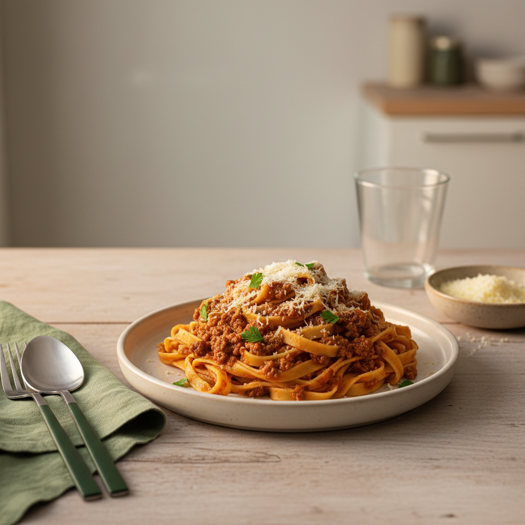 Nahaufnahme Tagliatelle mit originaler Bolognese auf einem warmen, minimalistischen europäischen Küchen-Tisch, dezente Markenakzente #dbdbcf und #a5cd8d