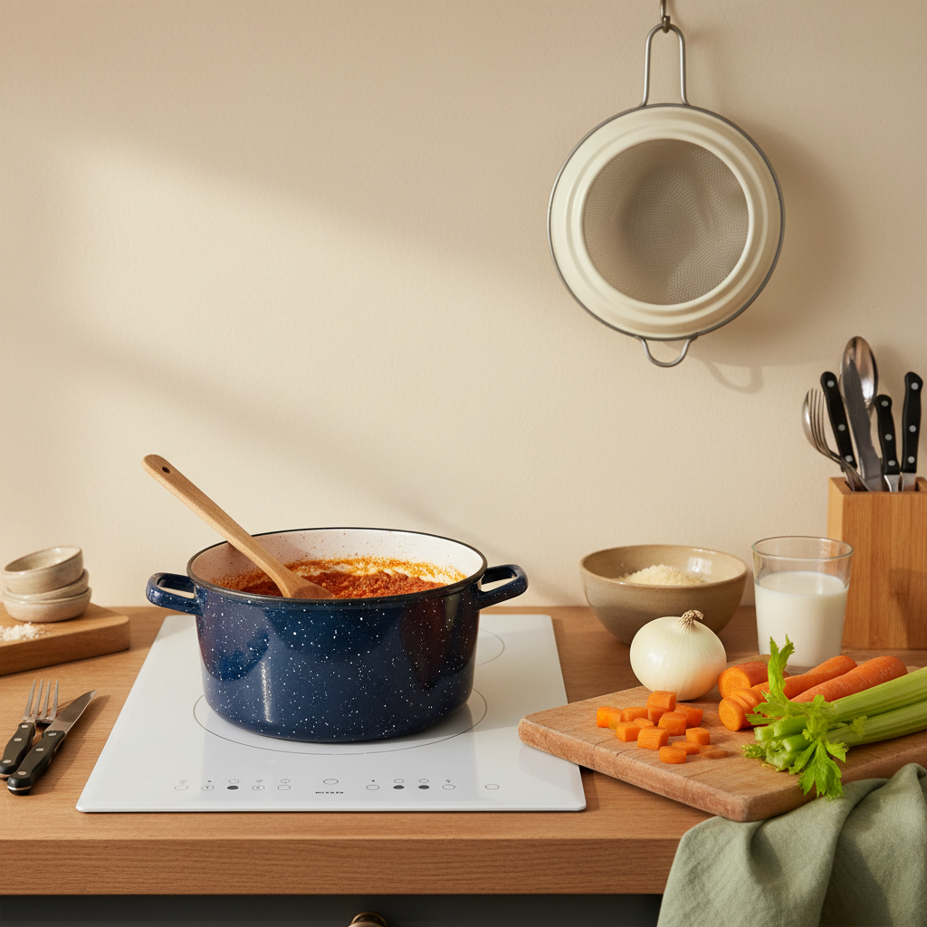 Topf mit Bolognese auf Herd, Glas Milch daneben und Zwiebel, Karotte, Sellerie im Hintergrund in einer warmen, minimalistischen Küche – Milch in Bolognese sichtbar