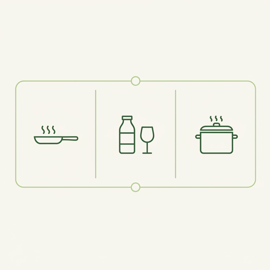 Minimalistische 2D-Infografik mit drei Icons für Anrösten, Milch &amp; Wein und Langsam schmoren im Brand-Style, typischer Bolognese Geschmack