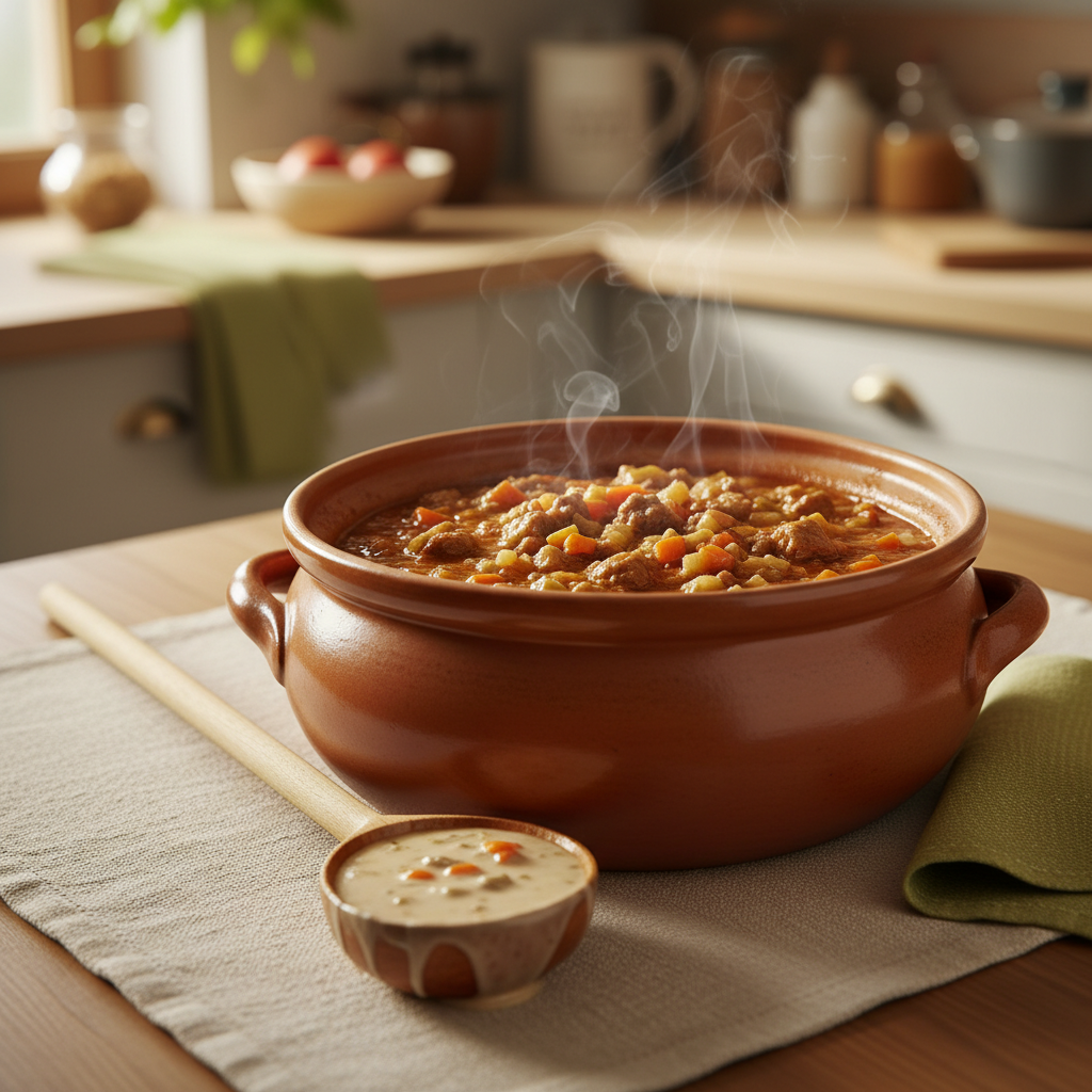 Nahaufnahme großer Schmortopf mit braunem Ragù, feine Gemüsewürfel sichtbar, Löffel mit sämiger Sauce, warme heimische Stimmung, typischer Bolognese Geschmack