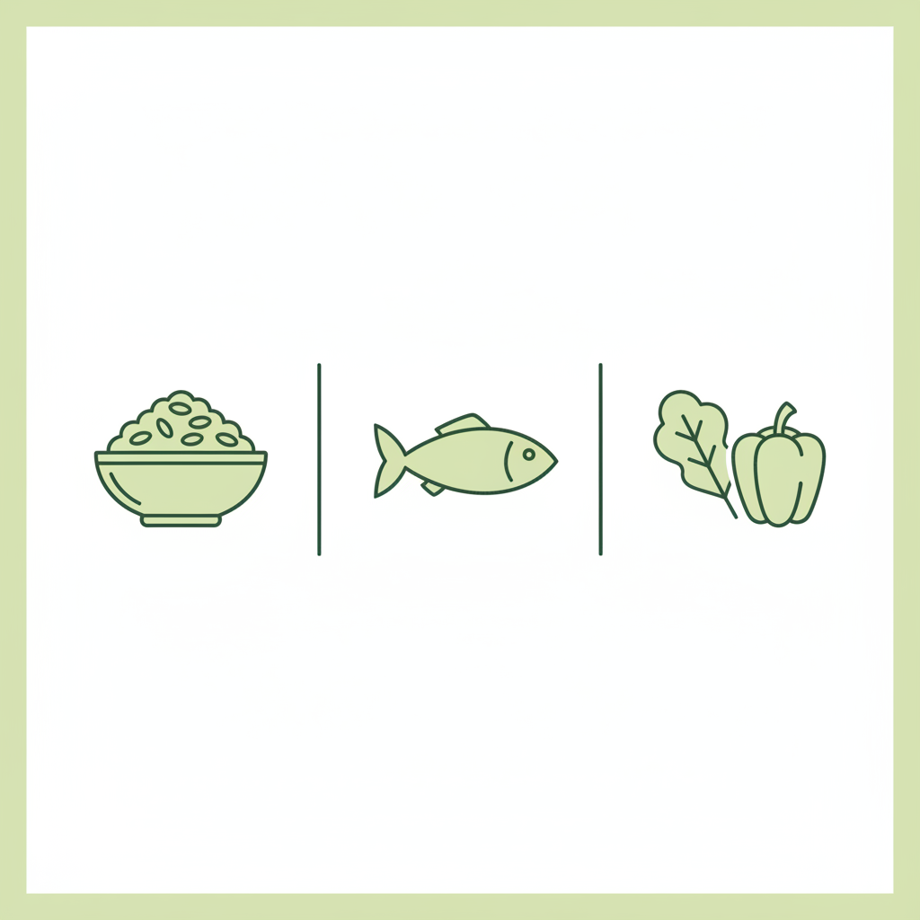 Minimalistische 2D-Vektor-Infografik: Meal-Prep in 3 Schritten mit Icons für Getreide, Protein und Gemüse in Markenfarben #dbdbcf/#a5cd8d/#21431f — Welche Zutat fehlt in der Bolognese-Sauce?