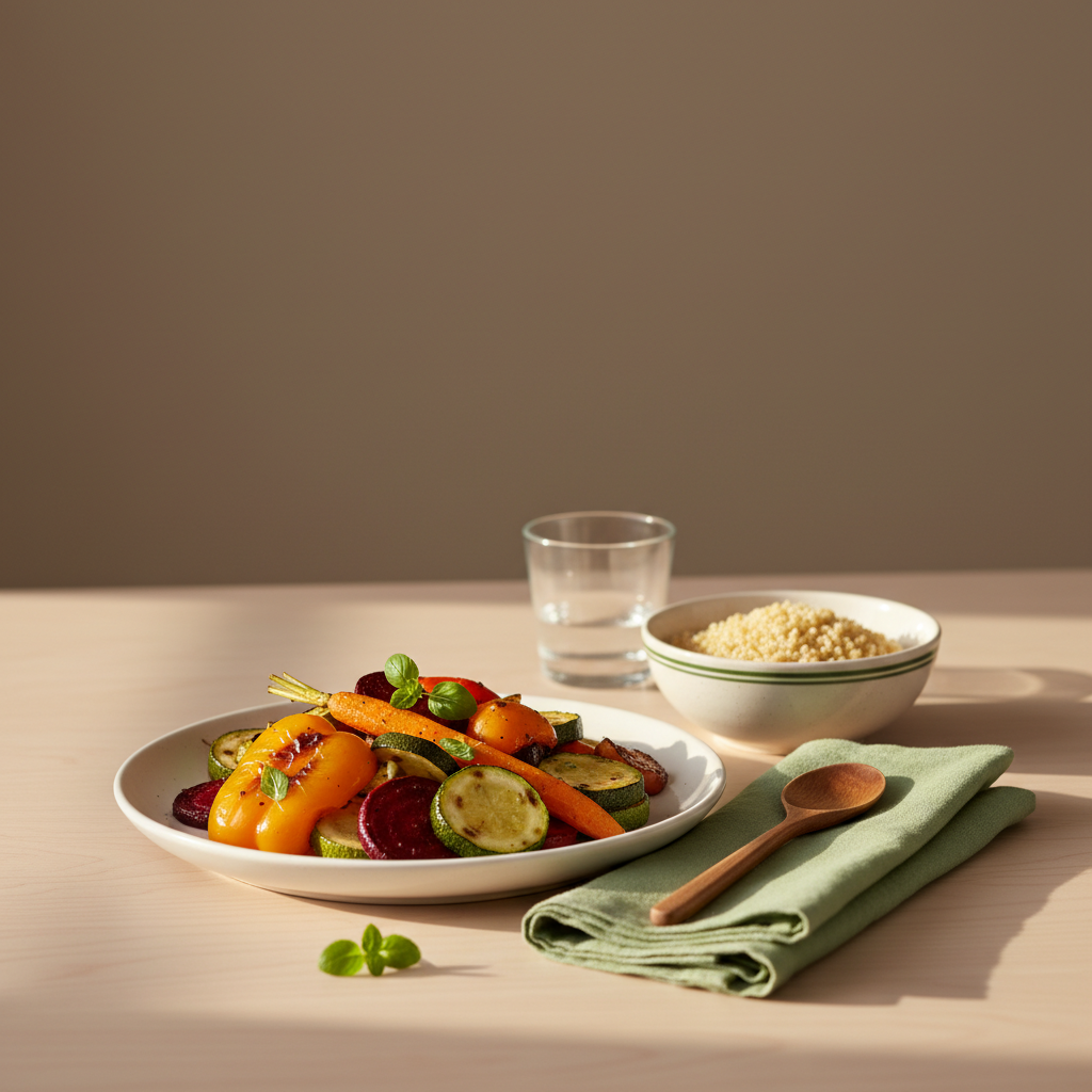 Welche Zutat fehlt in der Bolognese-Sauce? Teller mit geröstetem saisonalem Gemüse und Schale Getreide auf hellem Holztisch, warmes Licht, minimalistisches Setting, Hintergrund #dbdbcf.