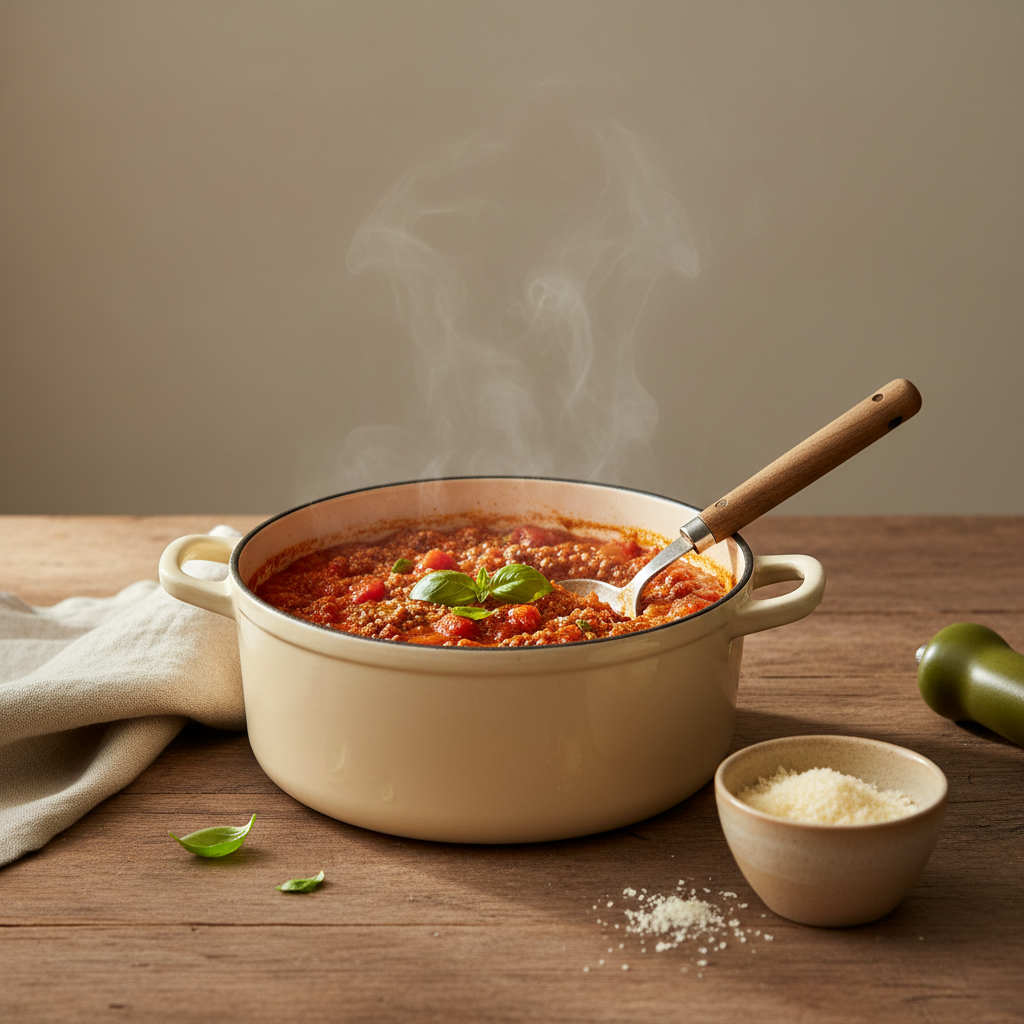 Topf mit hausgemachter Bolognese auf minimalistisch gedecktem europäischen Holztisch vor Hintergrund #dbdbcf, dezente Akzente in #a5cd8d