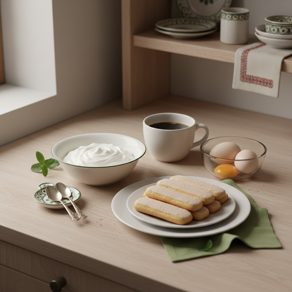 Komplettes Küchensetup mit Zutaten (rohe Zutat für Tiramisu): Mascarpone, Eier, Espresso, Löffelbiskuits; minimalistisch in #dbdbcf, #a5cd8d, #21431f