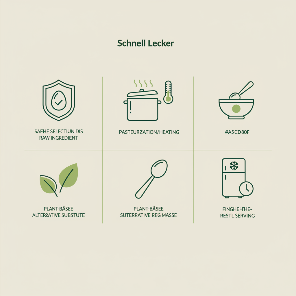Minimalistische 2D-Vektor-Infografik mit Vektor-Icons zu sicheren Schritten und Alternativen bei einer rohen Zutat für Tiramisu in Schnell Lecker Farben.
