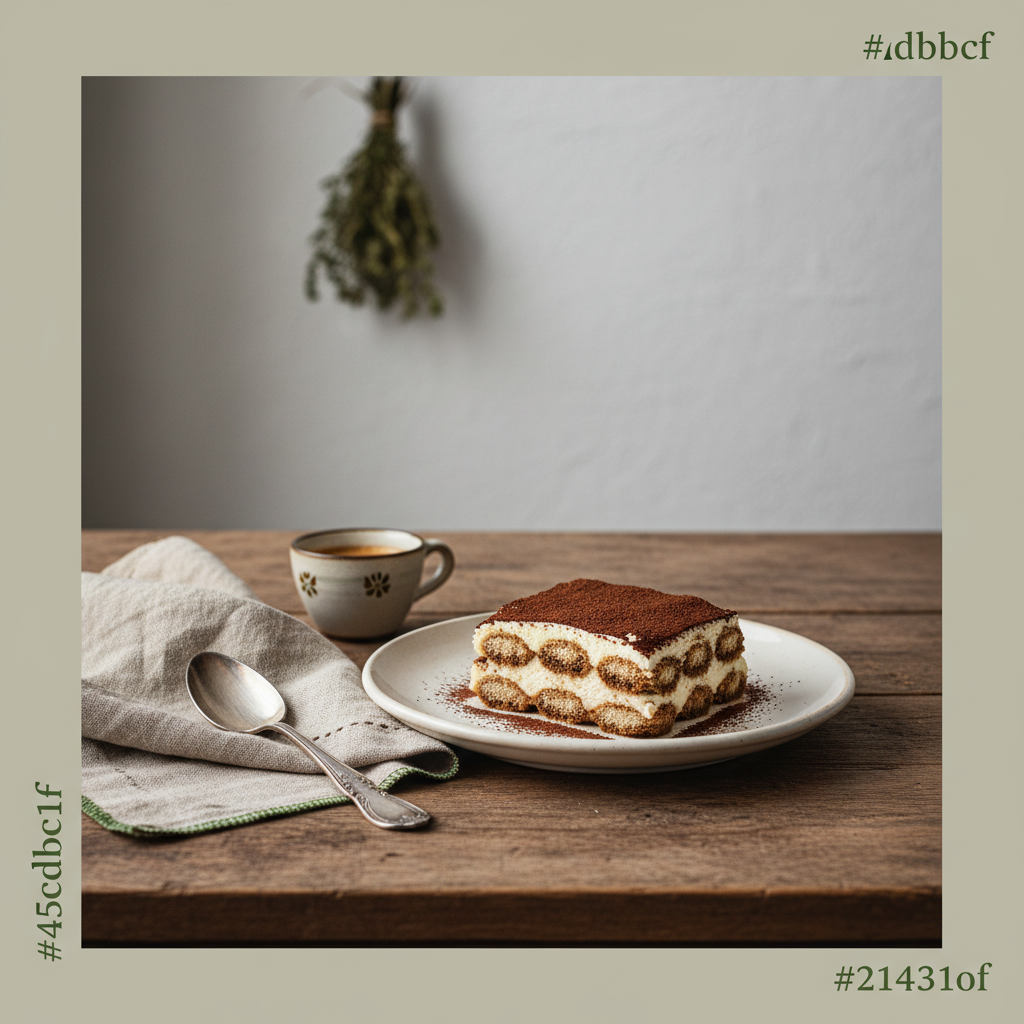 Gedeckter Holztisch mit angerichtetem Tiramisu in heller, gemütlicher Küche, dezente Markenakzente #a5cd8d und Hintergrund #dbdbcf — Tiramisu Durchziehen Zeit