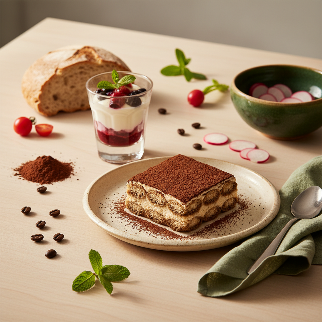 Tiramisu nach 4 Tagen auf minimalistischem Teller mit Zutaten für Wochenküche und Glasdessert, dezente Markenakzente, leichter Bokeh-Hintergrund