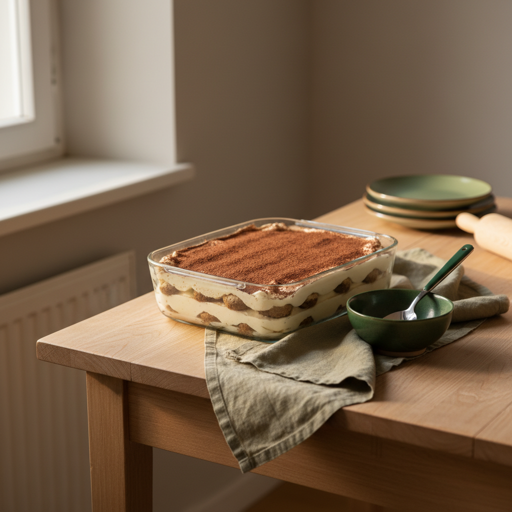 Tiramisu über Nacht im Glas auf schlichtem Holztisch vor hellbeigem Hintergrund #dbdbcf, minimalistisches warmes Setting mit grünem Leinen #a5cd8d und natürlichem Morgenlicht