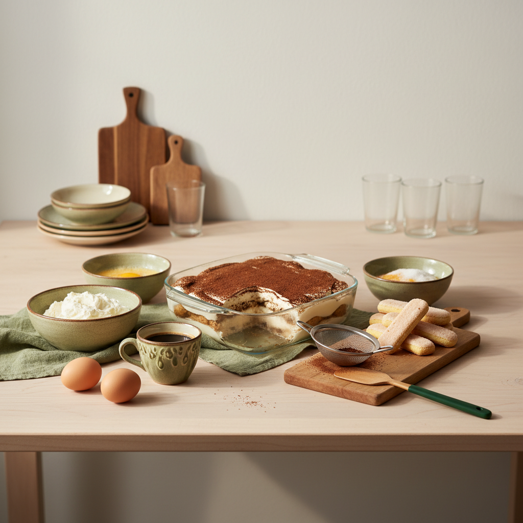 Tiramisu einfrieren: Aufgeräumtes Küchenstillleben mit Tiramisu‑Zutaten auf Holztisch, warme natürliche Beleuchtung, Hintergrund #dbdbcf, Akzente #a5cd8d und #21431f