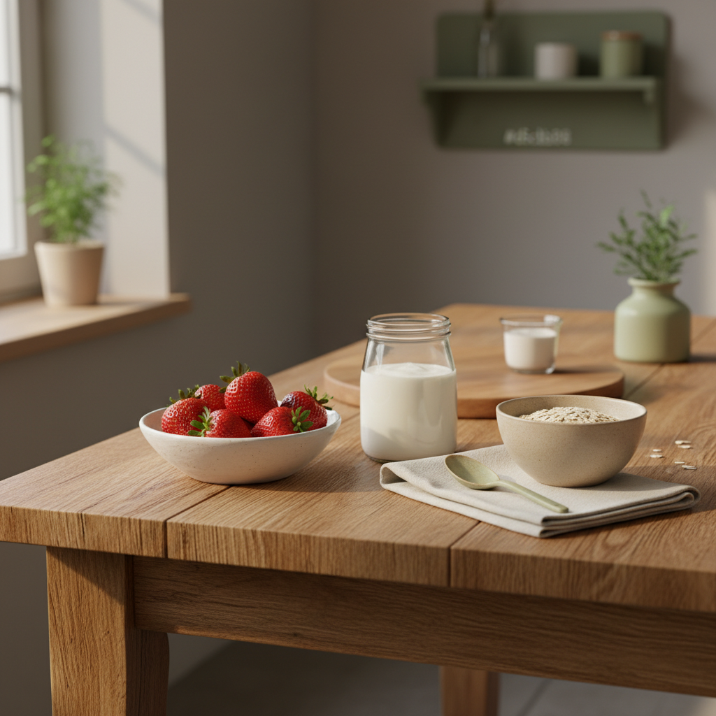 Für welche Krankheiten sind Erdbeeren gut? Nahaufnahme einer minimalistischen, gemütlichen europäischen Küche mit Schüssel reifer Erdbeeren, Glas-Joghurt, Haferflocken und Leinenserviette bei warmer natürlicher Beleuchtung.