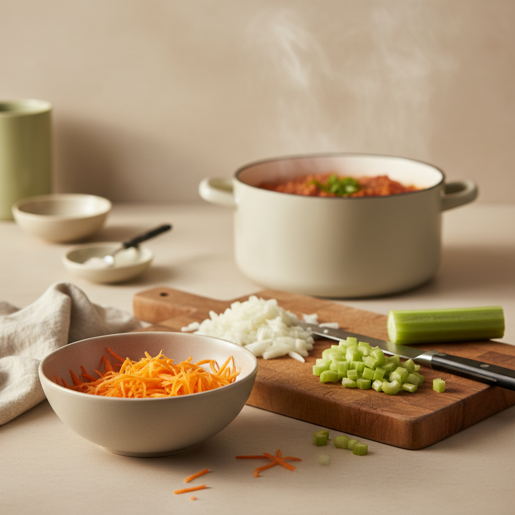 Vollbild-Foto einer Küchenarbeitsfläche mit fein geraspelten Karotten in einer Schüssel, gewürfelter Zwiebel, Sellerie und köchelnder Soße – Karotte in Bolognese.