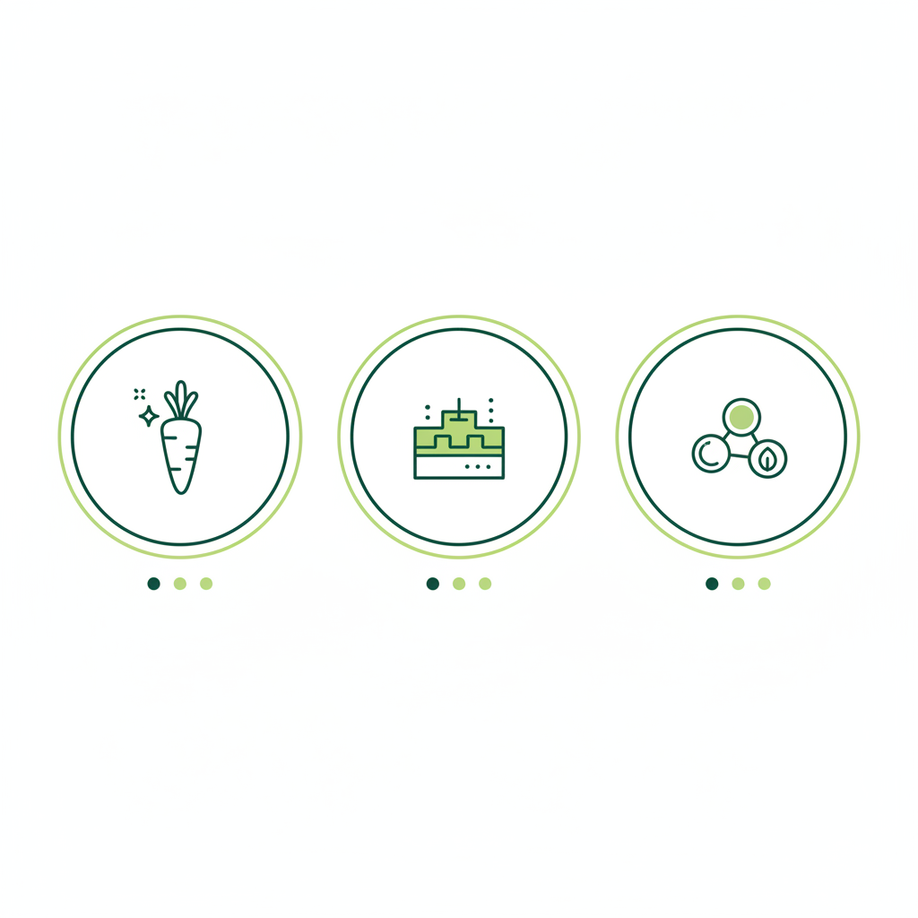 Minimalistische Vektor-Infografik mit drei Icons zu Süße, Textur und Nährstoffen einer Karotte in Bolognese vor beigeem Hintergrund