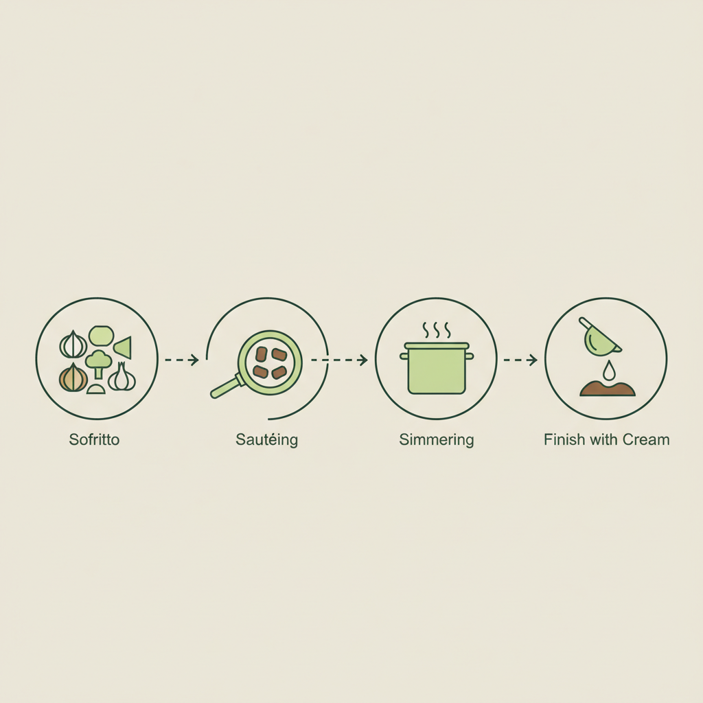 Minimalistische 2D-Vektor-Infografik mit vier Icons (sofritto, anbraten, köcheln, Finish mit Sahne) in Markenfarben, Darstellung zum Thema Sahne in Bolognese.