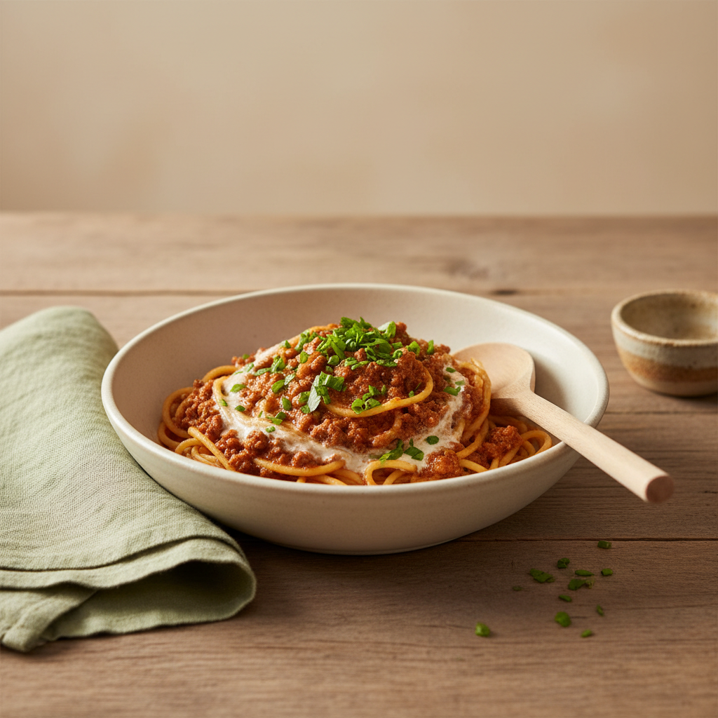 Vollbild: Teller mit Bolognese und sichtbarer Sahne in Bolognese, schlichtes Geschirr auf Holztisch, Leinenserviette in #a5cd8d, warme natürliche Beleuchtung