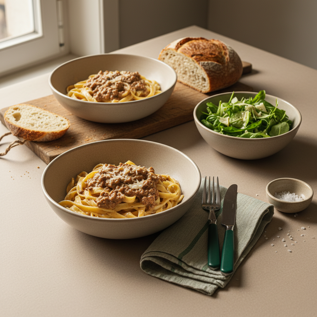 Vollformat-Tischszene mit Milch Bolognese zart in Schale, Pasta, kleiner Beilagensalat und Brot auf #dbdbcf Hintergrund, dezente Requisiten in #a5cd8d und #21431f.
