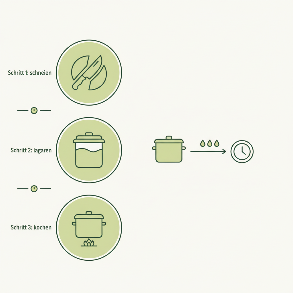 Minimalistische 2D-Vektor-Infografik für Meal Prep mit Icons: schneiden, lagern, kochen, Zeit-Symbole und kleines Diagramm zur Milchzugabe in Sauce – Milch Bolognese zart.