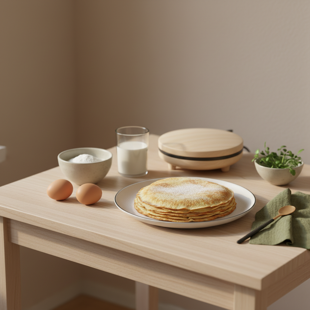 Heimelige europäische Küchenszene mit Crêpes auf Teller und Zutaten (Mehl, Eier, Milch) auf schlichtem Holztisch, warme Brandfarben, unauffälliger crêpes-maker, Full Frame