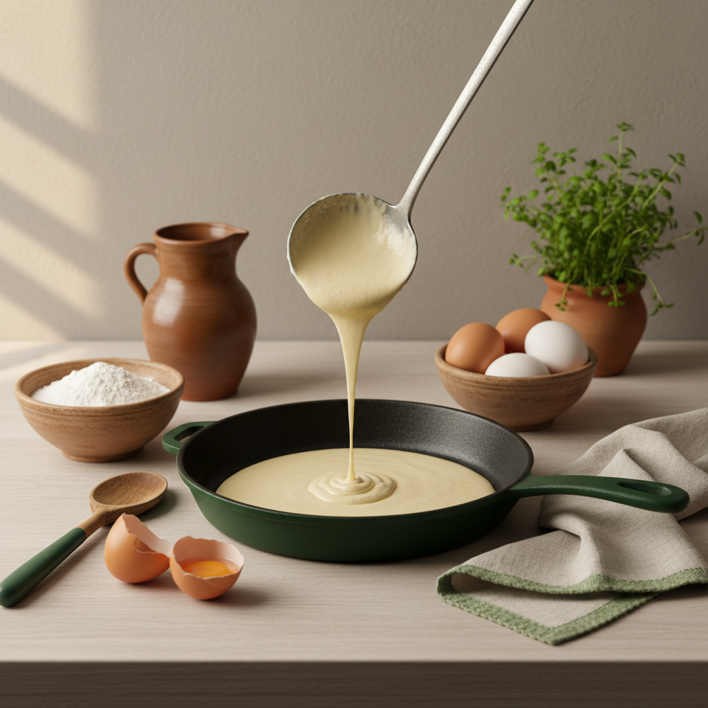 Unterschied Pfannkuchen Crêpes: Nahaufnahme einer Pfanne mit dünnem Teig, daneben Schälchen mit Mehl, Eiern und Milch in einer minimalistischen, warmen Küche.