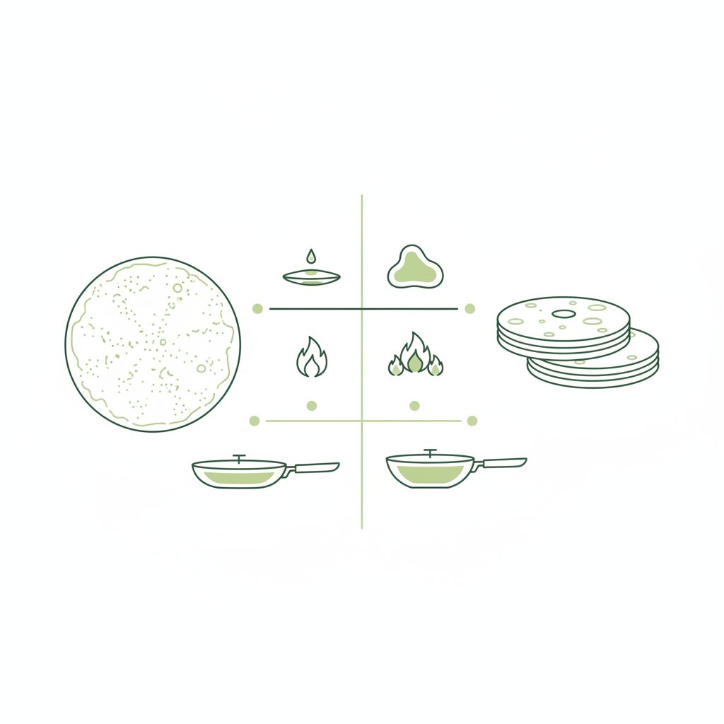 Grafische Gegenüberstellung: Crêpe (dünn) links, Pfannkuchen (dick) rechts mit Icons zu Teig, Hitze und Pfannengröße – Unterschied Pfannkuchen Crêpes