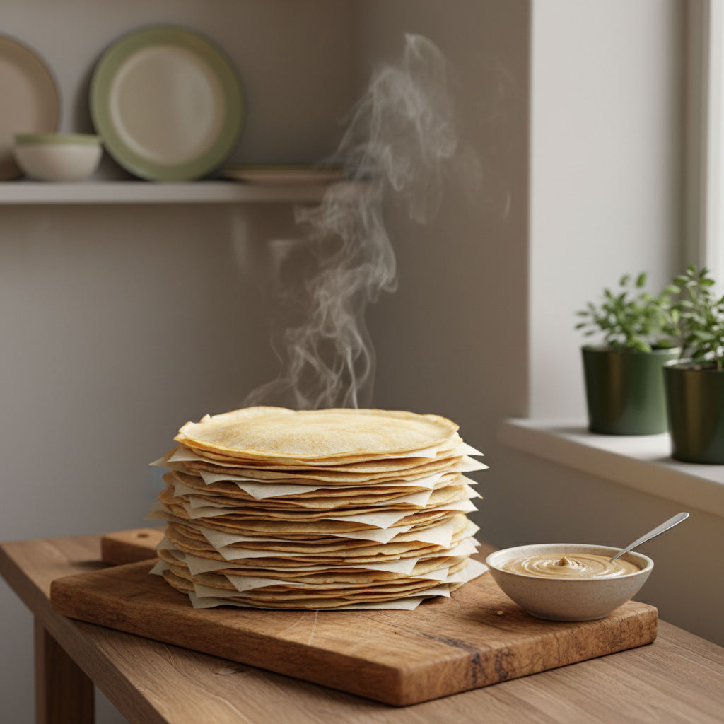 Crêpes vorbereiten: Nahaufnahme Stapel Crêpes auf Holzbrett mit Backpapier, kleine Schale Nussbutter und Löffel, warme natürliche Töne, dezente Markenakzente #a5cd8d