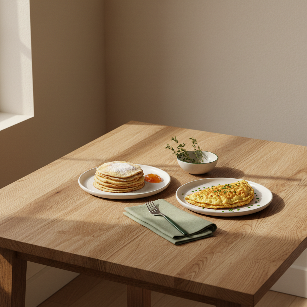 Minimalistisches, heimeliges Küchentisch-Setup mit Crêpes und Omelettes, warmes Licht, neutrale Dekoration und subtile Farb-Akzente (#dbdbcf, #a5cd8d, #21431f), Unterschied Crêpe Omelette