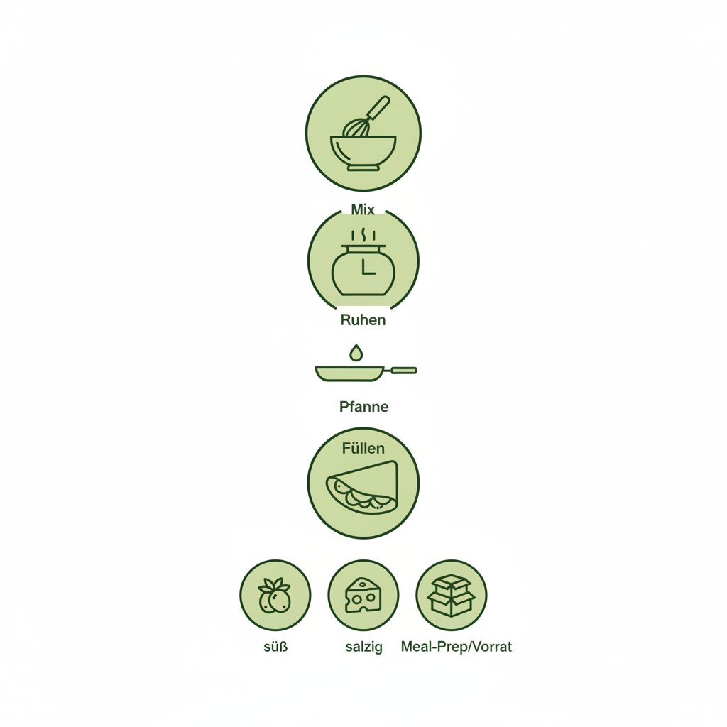 Minimalistische 2D-Vektor-Infografik mit Schritten zur Zubereitung von Palatschinken (mix, ruhen, pfanne, füllen) plus drei Icons für süß/salzig/vorrat. Crêpes in Österreich