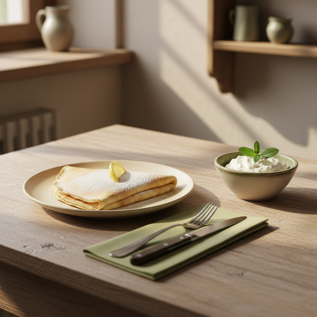 Crêpes in Österreich: Teller mit Palatschinken, Zitronenscheibe, Puderzucker, Schälchen Topfen und Besteck auf warmem, minimalistischem Küchenhintergrund