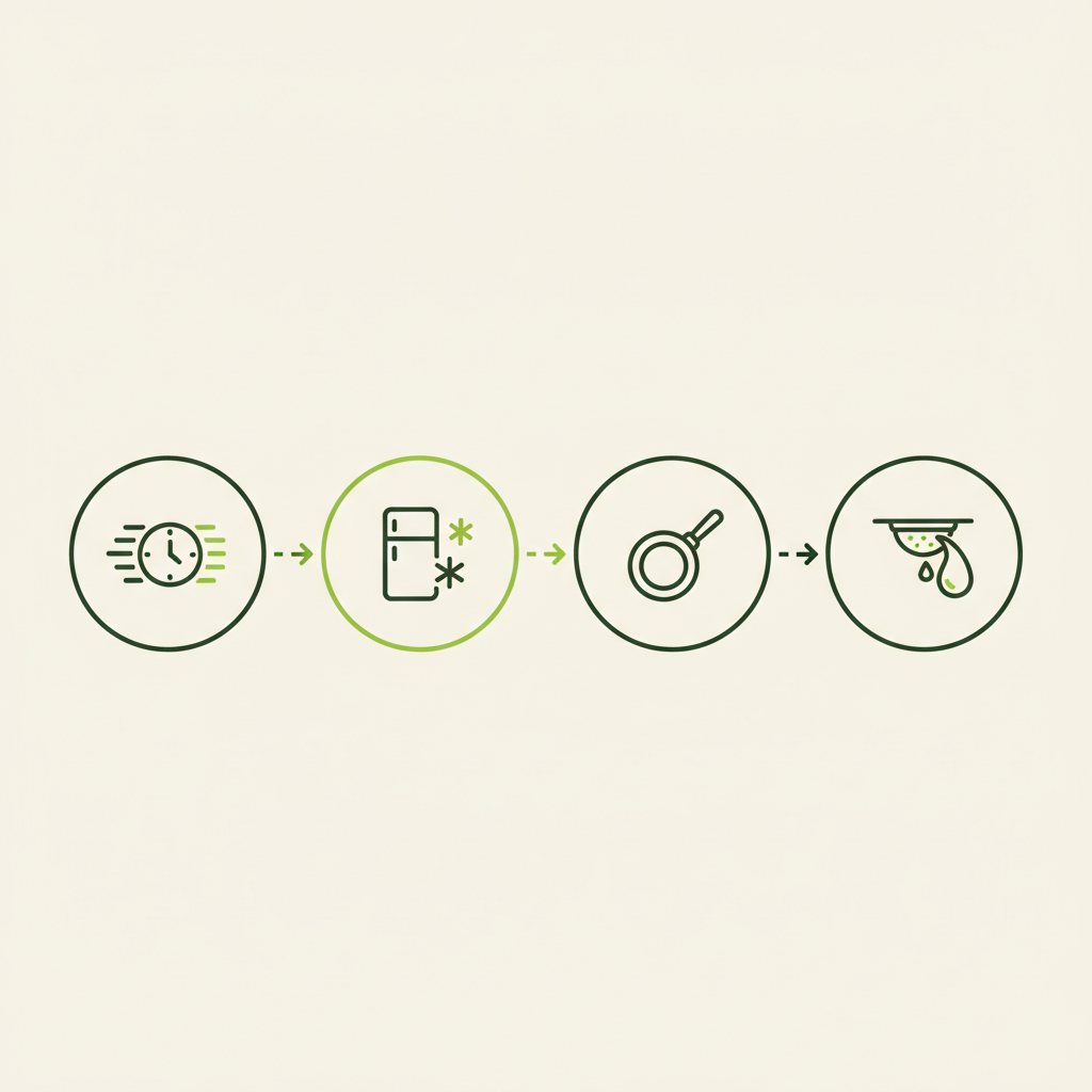 Minimalistische 2D-Vektor-Infografik mit Uhr-, Kühlschrank-, Pfannen- und Fehlerbehebungs-Icons in Markenfarben zur Anleitung, wie Crêpes-Teig ruhen lassen