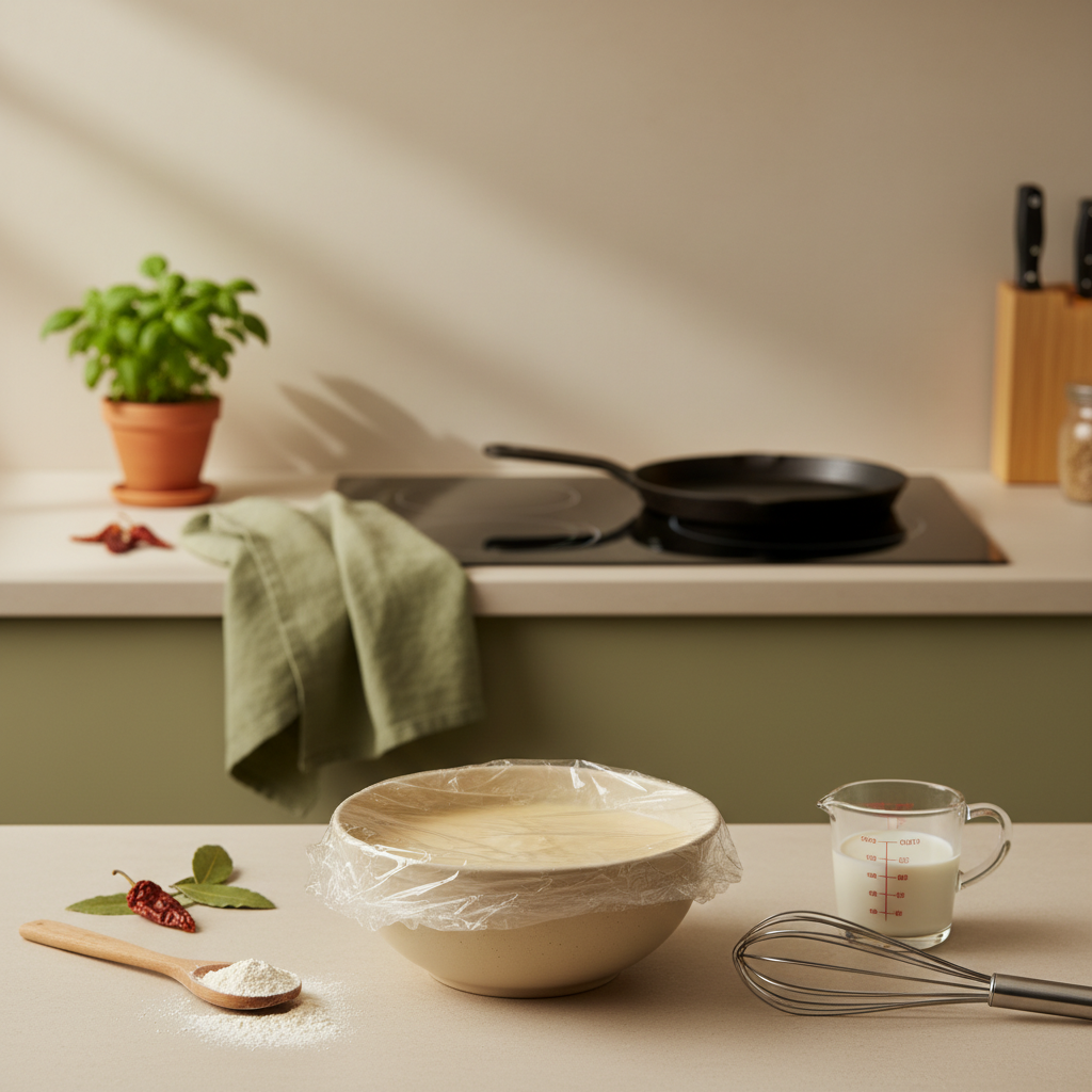 Nahaufnahme einer warmen Küchenarbeitsplatte mit Schüssel Crêpes-Teig unter Frischhaltefolie, Schneebesen und Pfanne im Hintergrund – Crêpes-Teig ruhen lassen.