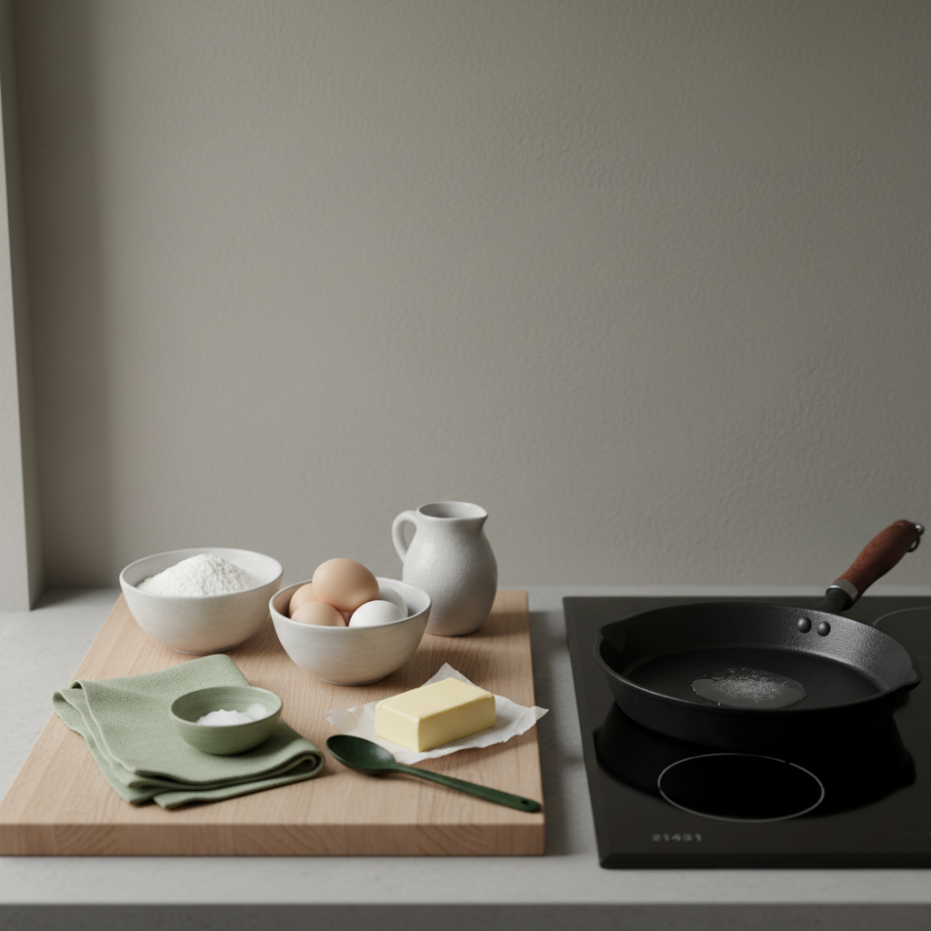 Naheinstellung einer Crêpe-Zubereitung: Mehl, Eier, Milchkanne, Butter und Pfanne auf Holzbrett vor #dbdbcf Hintergrund, minimalistisch und warm.